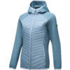 Light blue hooded jacket with quilted front panel, full-length zipper, side zip pockets, and chest logo