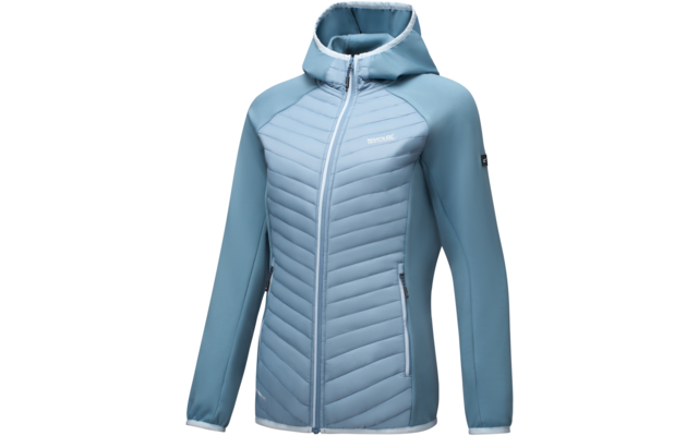 Light blue hooded jacket with quilted front panel, full-length zipper, side zip pockets, and chest logo