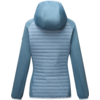Back view of a light blue hooded jacket with quilted back panel and smooth sleeves