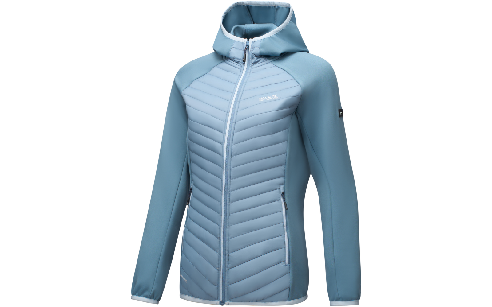Light blue hooded jacket with quilted front panel, full-length zipper, side zip pockets, and chest logo