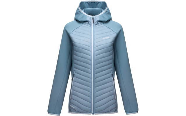 Light blue quilted jacket with hood, front view, full-length zipper, quilted front panel, smooth sleeves, two zippered side pockets, small white logo on the chest