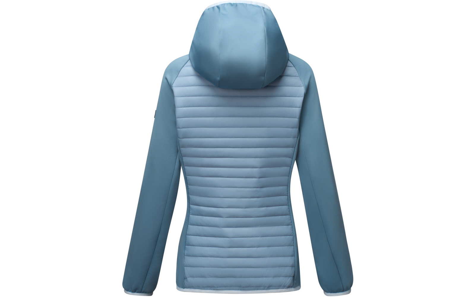 Back view of a light blue hooded jacket with quilted back panel and smooth sleeves