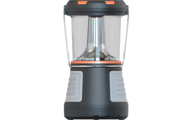 Grijs-oranje campinglamp met transparante bovenkant, zichtbaar lichtlichaam en opvouwbaar metalen handvat