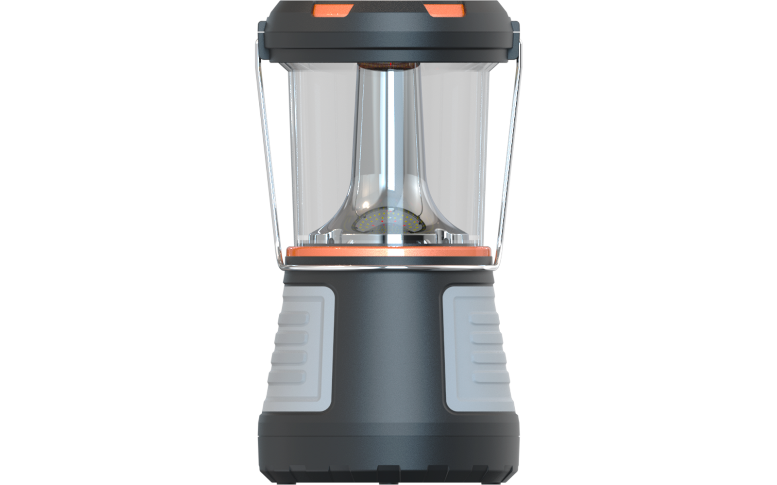 Grijs-oranje campinglamp met transparante bovenkant, zichtbaar lichtlichaam en opvouwbaar metalen handvat