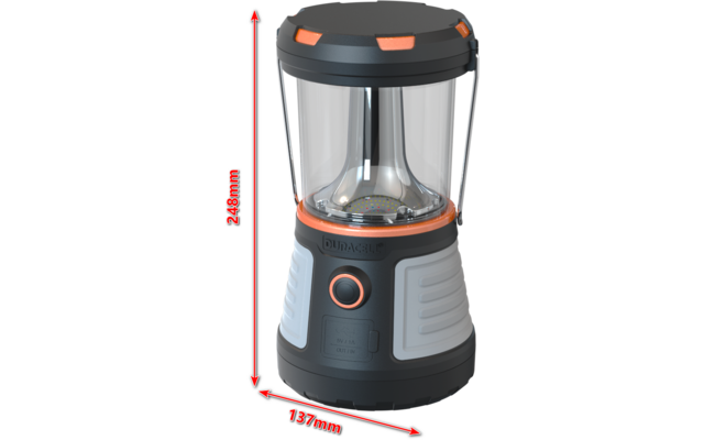 Cilindervormige zwarte en grijze lamp met een transparant midden, oranje accenten en een ronde knop aan de voorkant; rode meetpijlen met '248mm' (verticaal) en '137mm' (horizontaal)