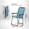 Fauteuil pliant turquoise avec structure métallique noire et accoudoirs sur fond blanc ; encart à gauche montrant le fauteuil plié ; repères de mesure orange : 115 cm, 113 cm, 47 cm, 41 cm ; logo 'Berger' et texte 'Kompakt. Stabil. Komfortabel.' en haut