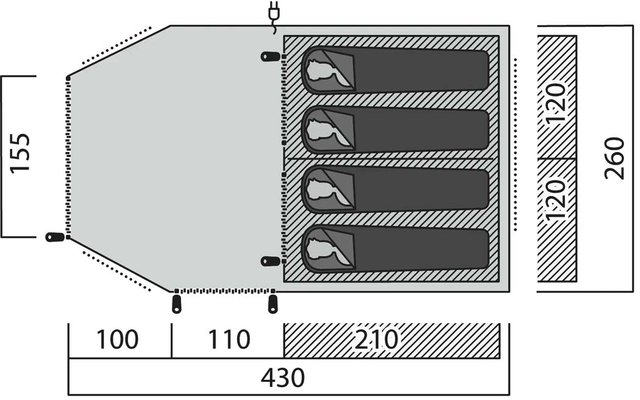 Dibujo esquemático de planta: a la derecha un compartimento rectangular con cuatro superficies de descanso oscuras y alargadas con zonas de cabecera más claras; a la izquierda un área poligonal en trazos; pequeñas marcas negras en los bordes, zonas rayadas y números 155, 120, 260, 100, 110, 210, 430