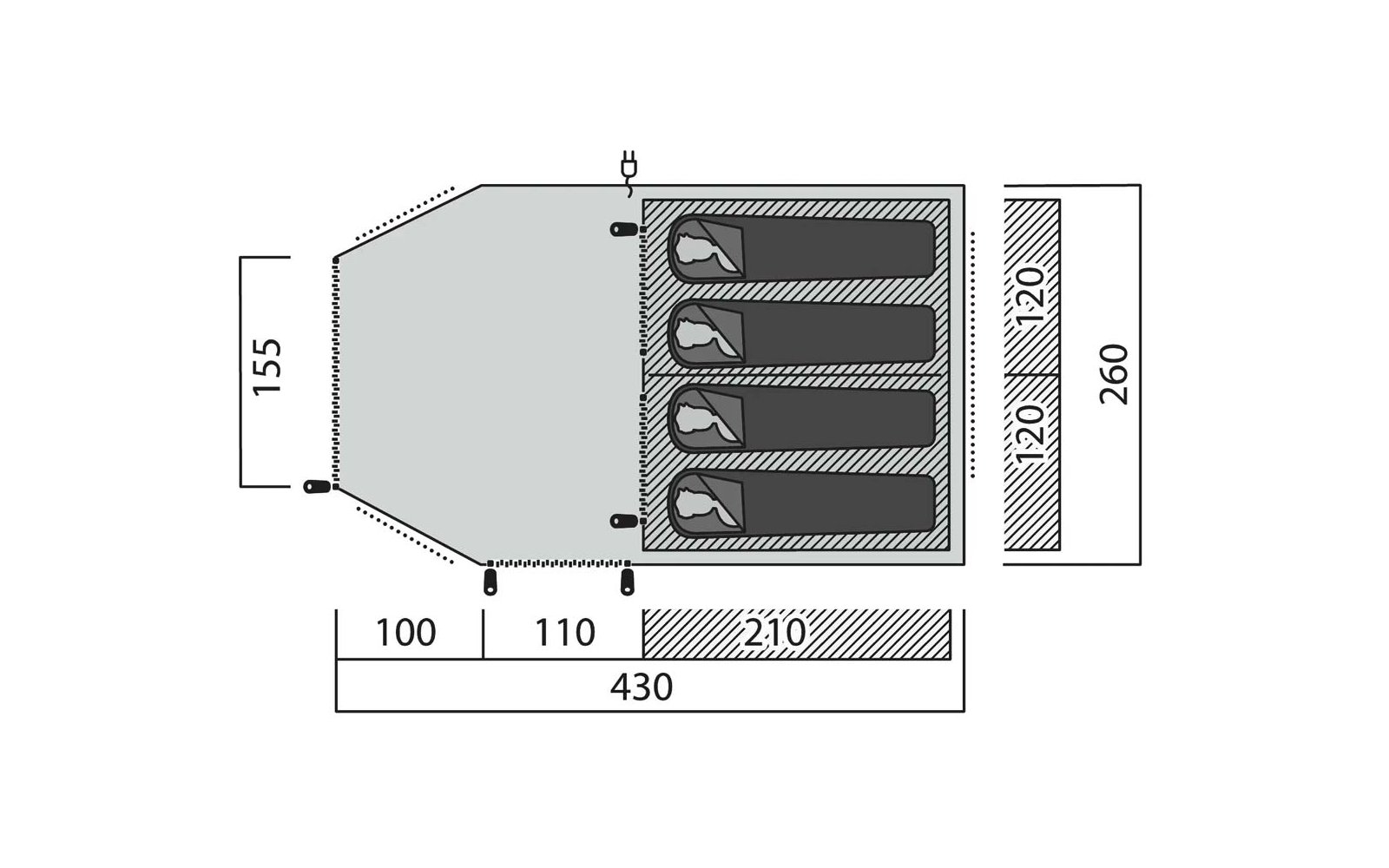 Dibujo esquemático de planta: a la derecha un compartimento rectangular con cuatro superficies de descanso oscuras y alargadas con zonas de cabecera más claras; a la izquierda un área poligonal en trazos; pequeñas marcas negras en los bordes, zonas rayadas y números 155, 120, 260, 100, 110, 210, 430