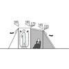 Dibujo esquemático en sección de una tienda con dos compartimentos separados por paredes de tela; a la izquierda la silueta de una persona de pie en un espacio rectangular, a la derecha la silueta de una persona sentada en un área sombreada; arriba líneas inclinadas con marcas triangulares y los números 185, 185, 175, 165, 155; flechas en el exterior a ambos lados