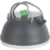 Gray matte kettle with spout on the right, transparent lid with green tab, two gray handles, silver base and fill markings (600 ml, 1.0 L, 1.5 L)
