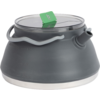 Gray folded kettle made of flexible material with transparent lid, green tab, side spout, gray handle, white base rim and measuring marks on the side