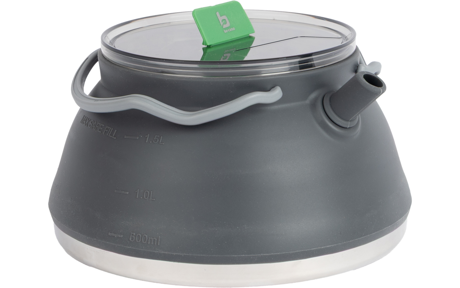 Gray folded kettle made of flexible material with transparent lid, green tab, side spout, gray handle, white base rim and measuring marks on the side