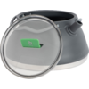 Gray rounded kettle body lying on its side; in front a transparent glass lid with a green tab