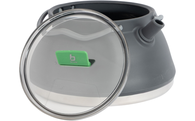 Gray rounded kettle body lying on its side; in front a transparent glass lid with a green tab
