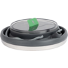 Collapsed, collapsible grey silicone cup with white base, transparent lid, green tab showing a white 'b', and visible 600 ml marking