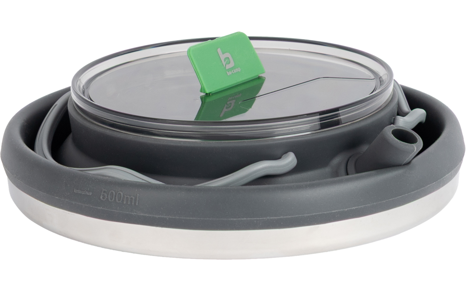 Collapsed, collapsible grey silicone cup with white base, transparent lid, green tab showing a white 'b', and visible 600 ml marking