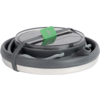 Gray collapsed silicone bowl with transparent lid, gray elastic band, green label, small spout, white rim and visible "500 ml" marking