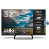 TV-scherm met bergmeer en gletsjerpieken, camper aan de oever en een persoon ernaast; linksboven grote witte 32 inch tekst; linksonder 'cello' logo; rechterrand zwart infoblad met Tizen OS- en Samsung TV Plus-logo's, DVD-pictogram en zichtbare DVD-schijf, 'Full HD 1080' en '3-jaar garantie' teksten