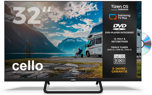 TV-scherm met bergmeer en gletsjerpieken, camper aan de oever en een persoon ernaast; linksboven grote witte 32 inch tekst; linksonder 'cello' logo; rechterrand zwart infoblad met Tizen OS- en Samsung TV Plus-logo's, DVD-pictogram en zichtbare DVD-schijf, 'Full HD 1080' en '3-jaar garantie' teksten