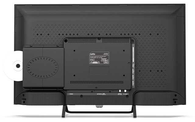Achterzijde van een flatscreen met bevestigd schijfstation, deels zichtbare witte cd, ventilatieopeningen, standaard en stroomkabel