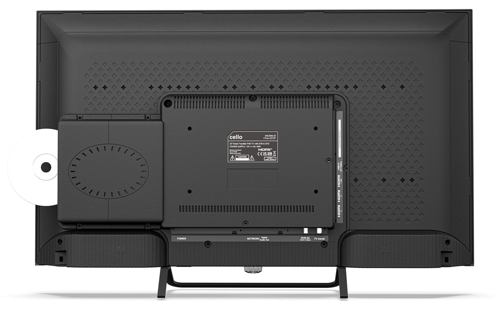 Achterzijde van een flatscreen met bevestigd schijfstation, deels zichtbare witte cd, ventilatieopeningen, standaard en stroomkabel