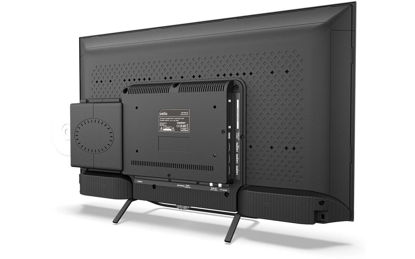 Achteraanzicht van een zwarte flatscreen op twee pootjes, met links een klein rechthoekig apparaat bevestigd, geperforeerde ventilatie op de achterzijde, twee langgerekte modules onderaan en zichtbare aansluitingen rechts
