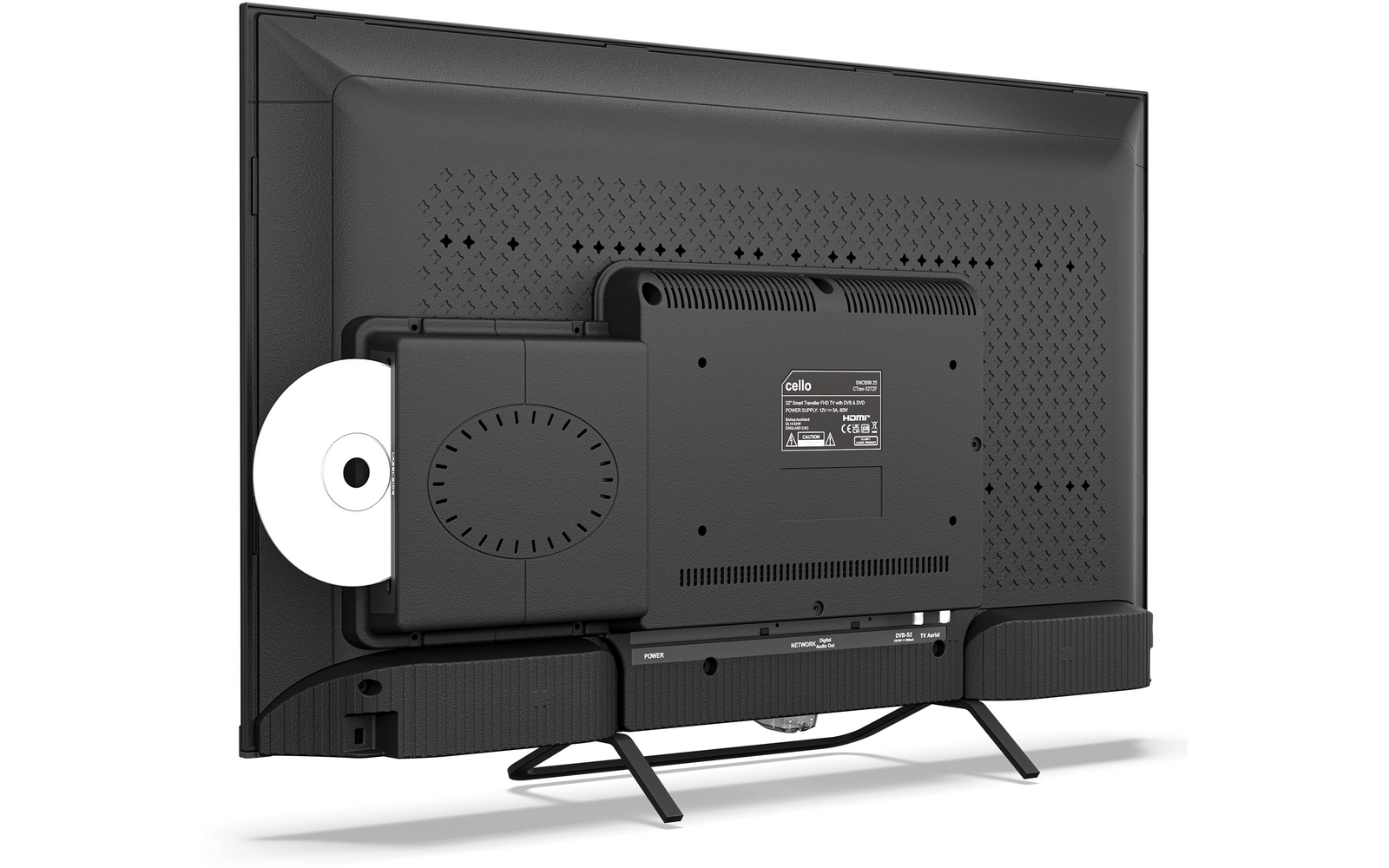 Achteraanzicht van een zwarte flatscreen-tv op twee pootjes, met ventilatieopeningen, aangesloten kabels, een zilveren schijf (cd/dvd) half ingestoken aan de zijkant en een rij aansluitingen onderaan