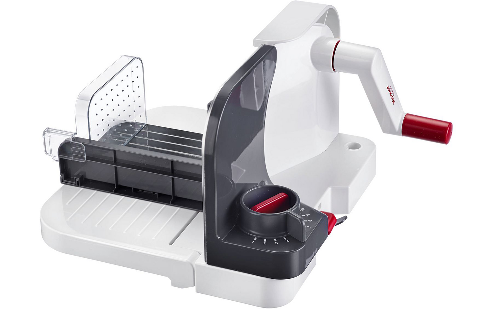 Affettatrice da cucina manuale in plastica bianca e grigia, maniglia a manovella rossa, piano di taglio regolabile, spintore trasparente e lama visibile