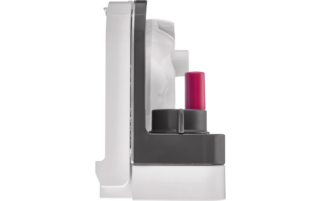 Vista laterale di un apparecchio in plastica bianca e grigia con un breve elemento cilindrico rosa che sporge da un alloggiamento grigio