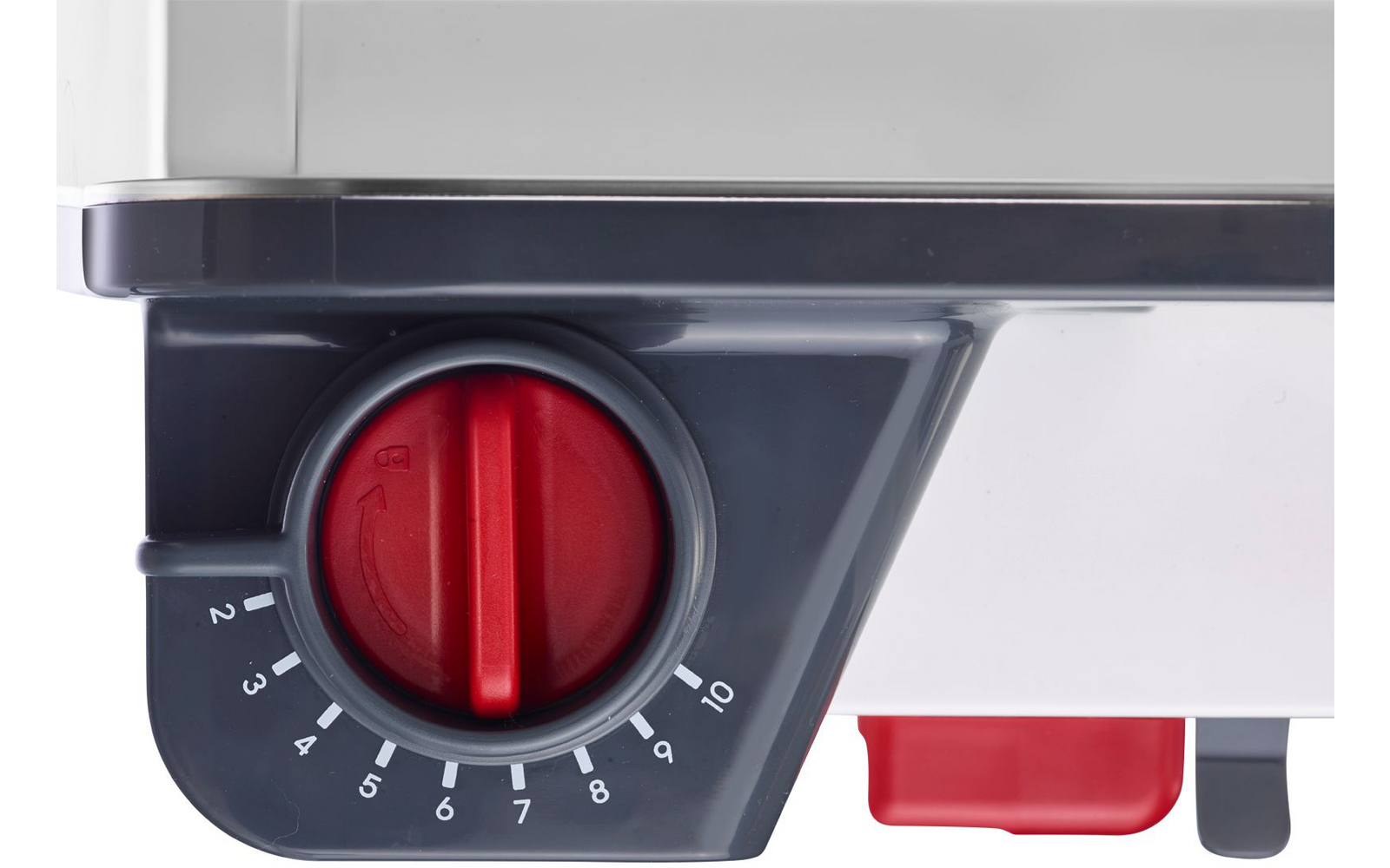 Scocca in plastica bianca e grigia con una manopola rotonda rossa su una scala numerata (1–10) e un piccolo cursore rosso sotto