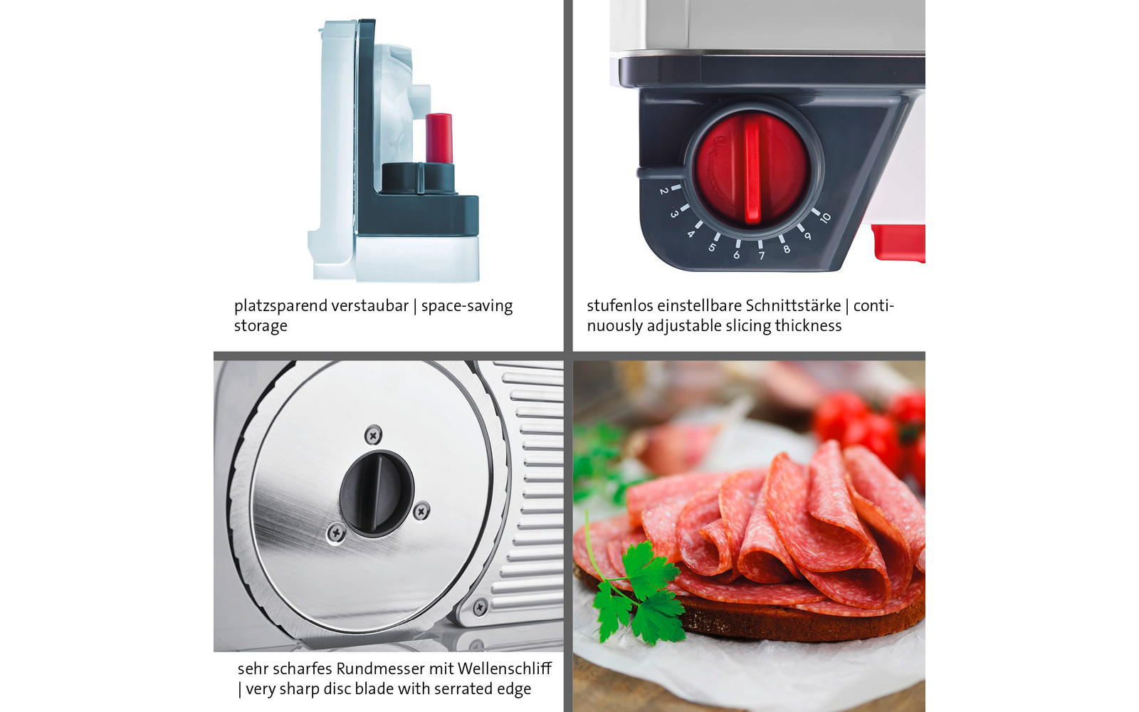 Immagine in quattro riquadri: in alto a sinistra apparecchio grigio riposto in verticale, in alto a destra manopola rossa su apparecchio grigio, in basso a sinistra primo piano di una lama rotonda dentellata in metallo, in basso a destra fette di salame su pane con prezzemolo