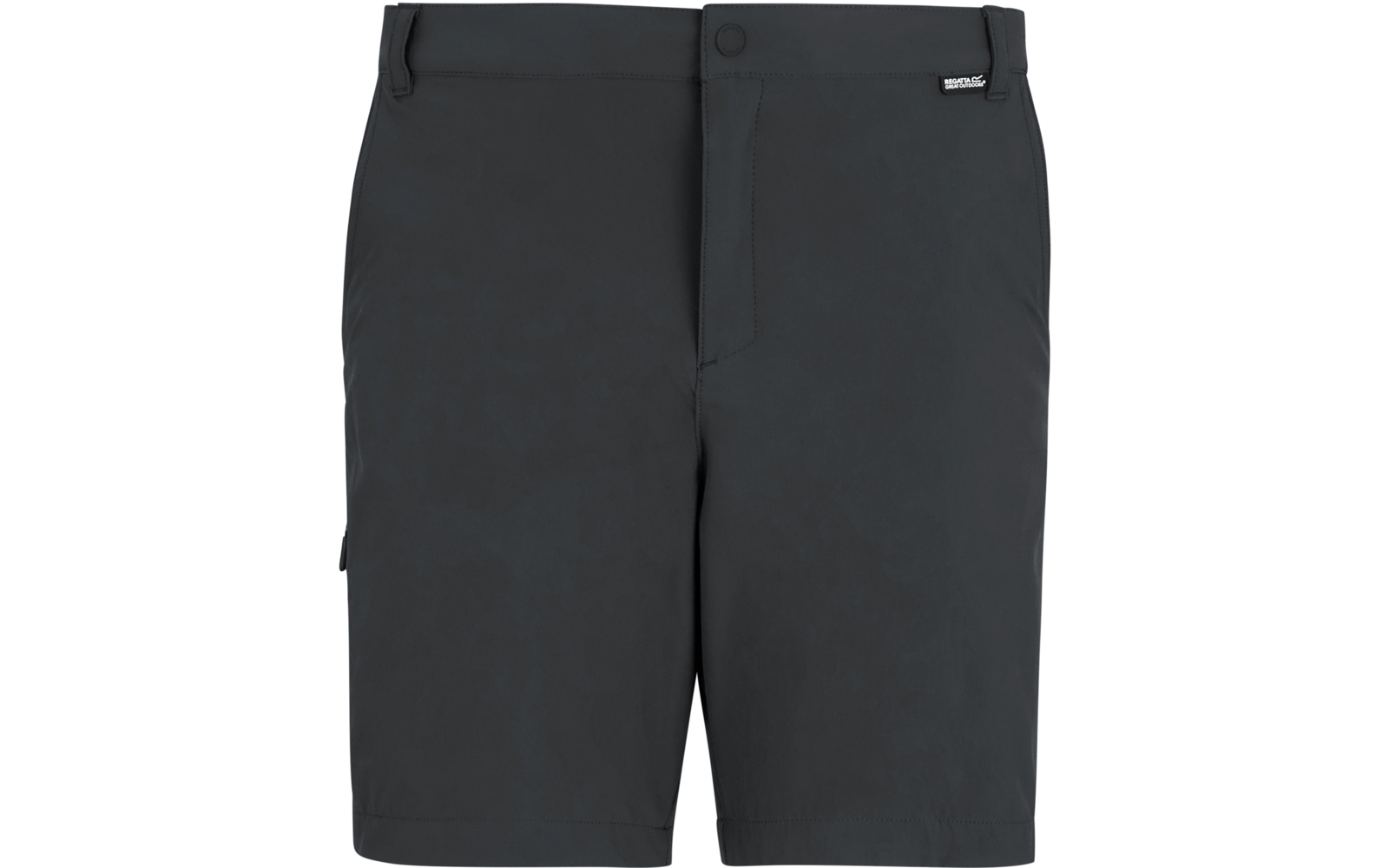 Dunkelgraue kurze Shorts mit Taillenbund, Knopf und verdecktem Reißverschluss, Gürtelschlaufen, kleiner Taschenklappe an der rechten Seite und kleinem schwarzen Label am Bund rechts