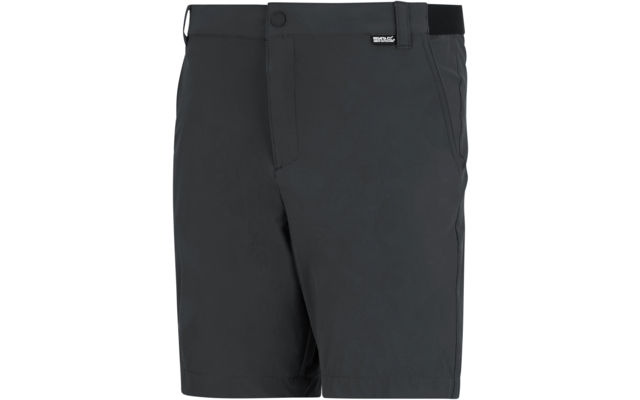 Dunkelgraue kurze Shorts mit Knopfverschluss, Gürtelschlaufen, seitlichen Eingrifftaschen und kleinem Label an der Taille