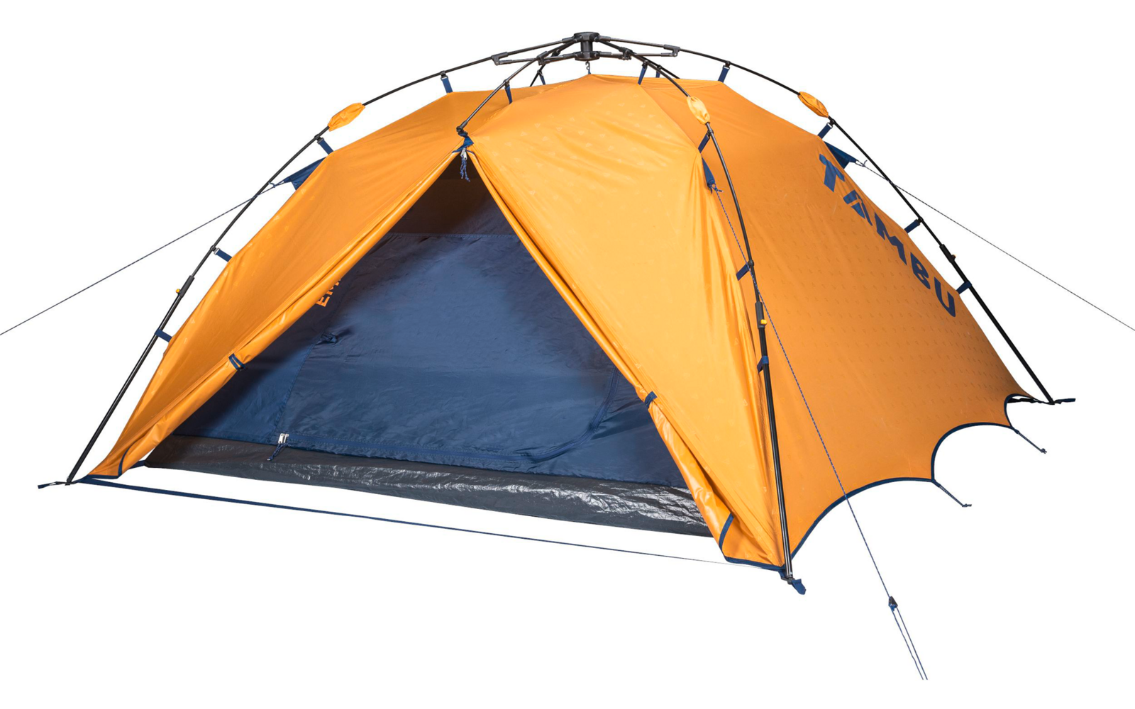 Tente en dôme orange avec entrée avant ouverte, intérieur bleu visible, arceaux et haubans visibles, sur fond blanc