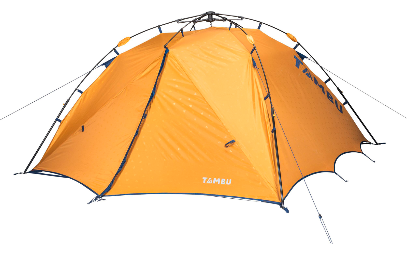 Tente dôme orange avec arceaux, haubans et le logo "TAMBU"
