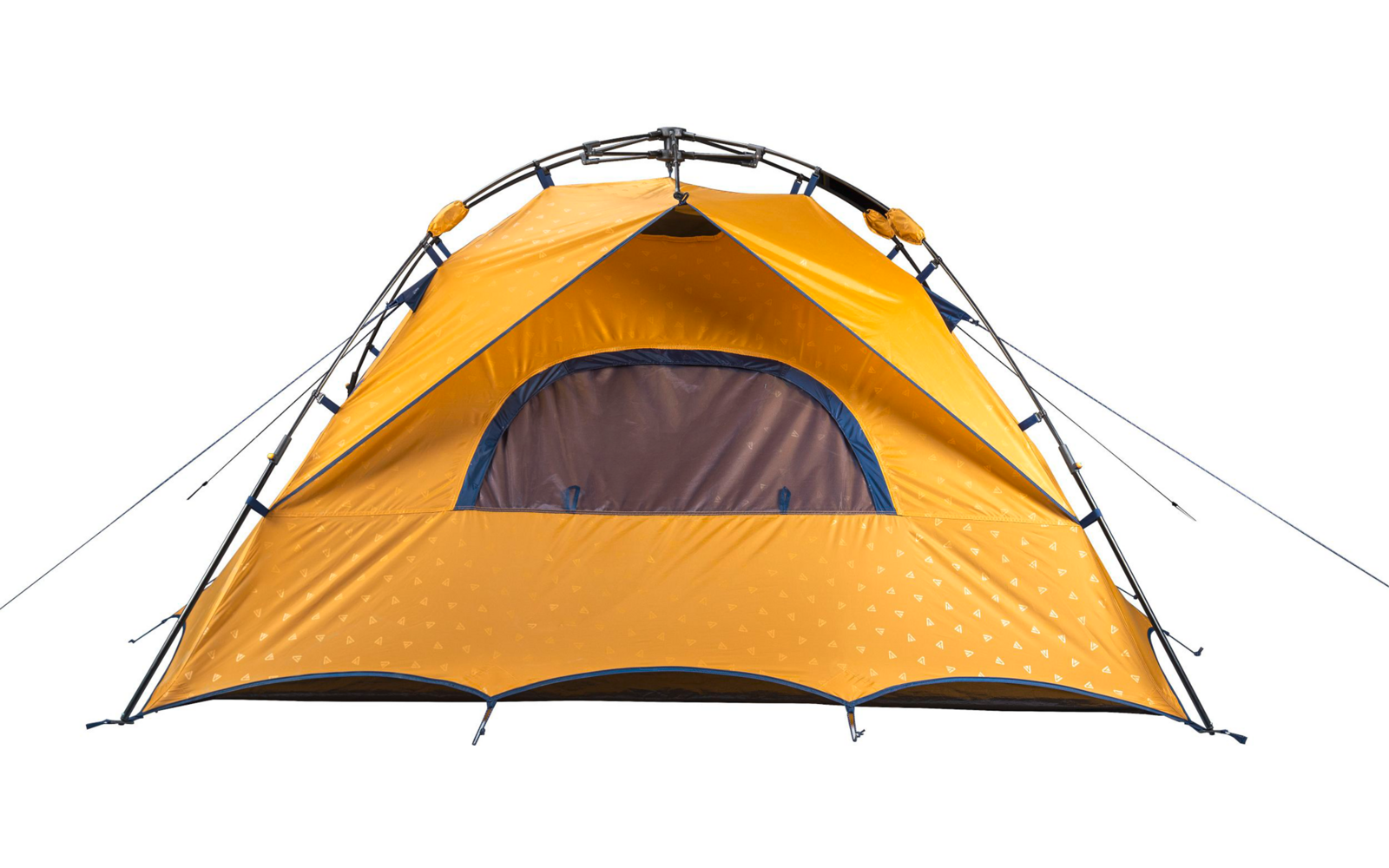 Tente dôme jaune-orange avec arceaux visibles et porte d'entrée ouverte, sur fond blanc