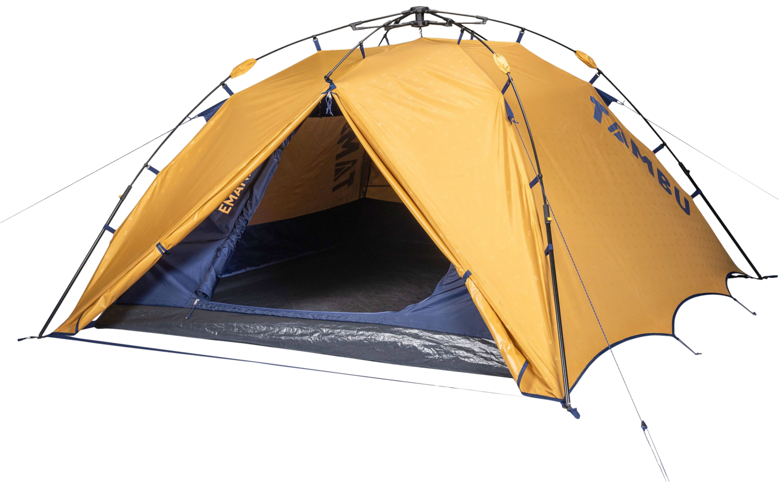 Orange tent with open front entrance, visible poles, guy lines and dark interior floor on a white background