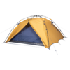 Orange dome tent with open front entrance, blue inner tent visible, poles and guy lines visible, on white background