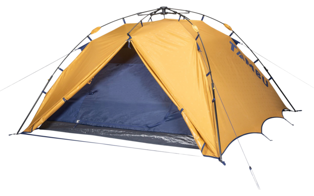 Orange dome tent with open front entrance, blue inner tent visible, poles and guy lines visible, on white background