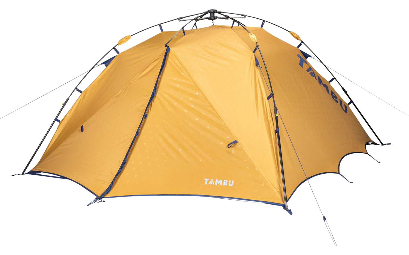 Orange dome tent with poles, guy lines and the "TAMBU" logo