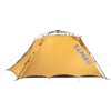 Orange dome tent with black poles, guy lines and blue 'TAMBU' lettering on the side