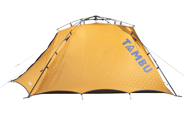 Orange dome tent with black poles, guy lines and blue 'TAMBU' lettering on the side