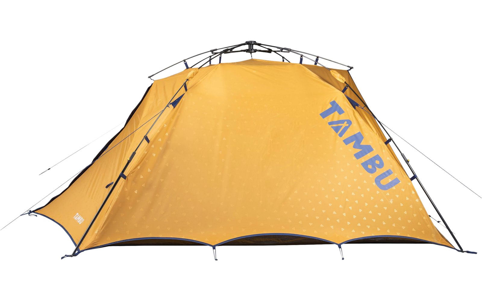 Orange dome tent with black poles, guy lines and blue 'TAMBU' lettering on the side