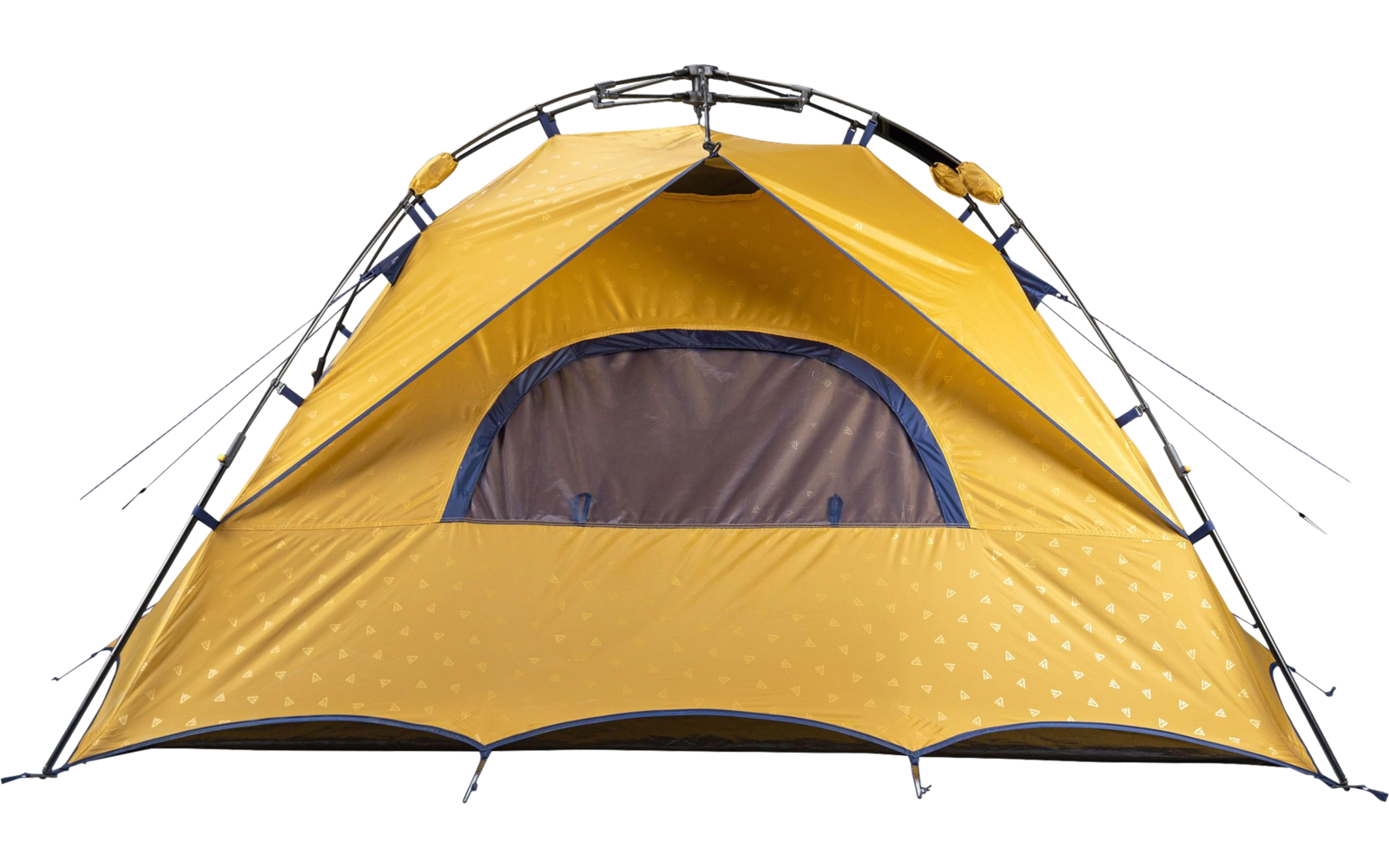 Yellow-orange dome tent with visible poles and an open front door flap, on a white background