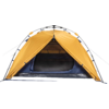 Orange camping tent with open entrance, visible dark interior, gray floor, tent poles and guylines on white background