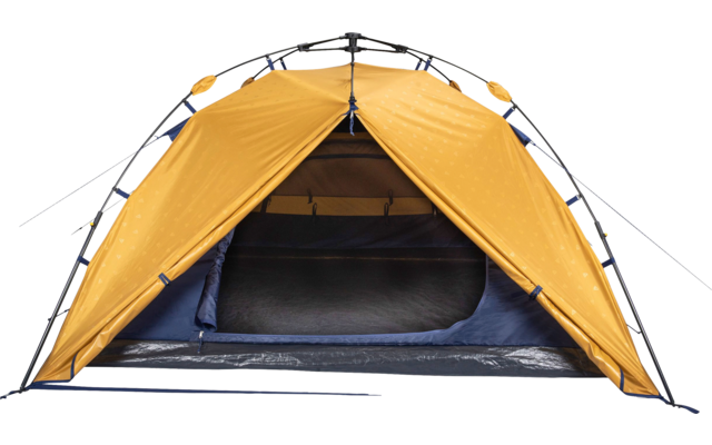 Orange camping tent with open entrance, visible dark interior, gray floor, tent poles and guylines on white background