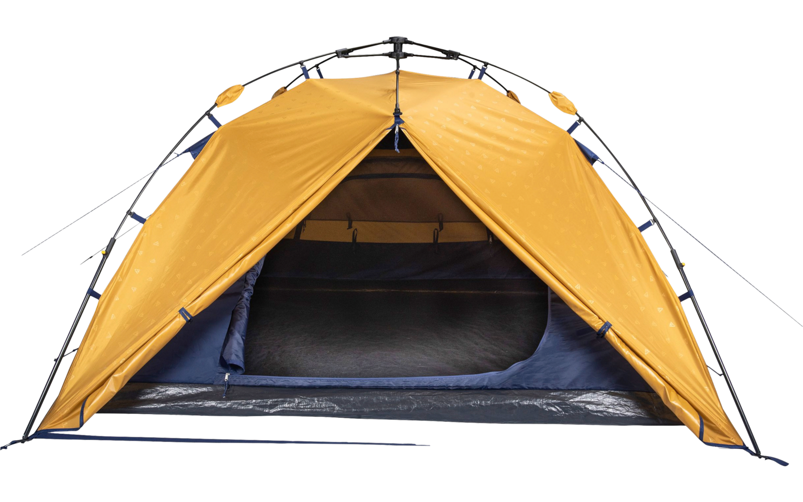 Orange camping tent with open entrance, visible dark interior, gray floor, tent poles and guylines on white background
