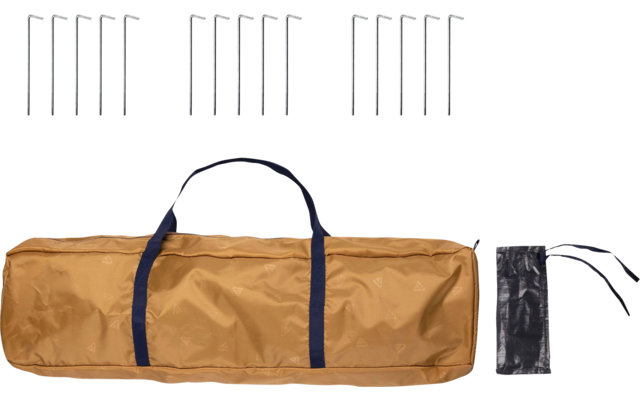 Long orange bag with two dark handles, several curved metal rods above it, and a small black pouch with drawstring on a white background
