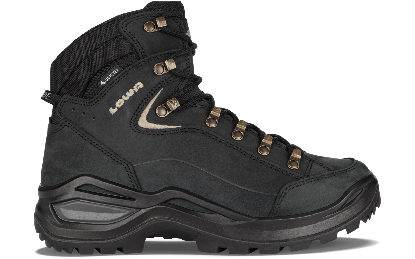 Schwarzer hoher Schuh mit Metallösen, Schnürsenkeln, profilierter Sohle und Markenlogo LOWA an der Seite