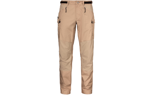 Beige Hose mit schwarzem Gürtel, vorderen Reißverschlusstaschen, seitlichen Klappentaschen mit Schnallen, Knieeinsätzen und elastischen Saumabschlüssen